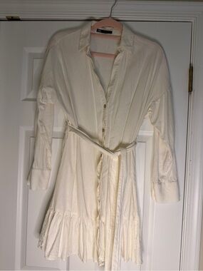 Zara Cream Button-Up Long Sleeve Shirt Dress with Tie Waist